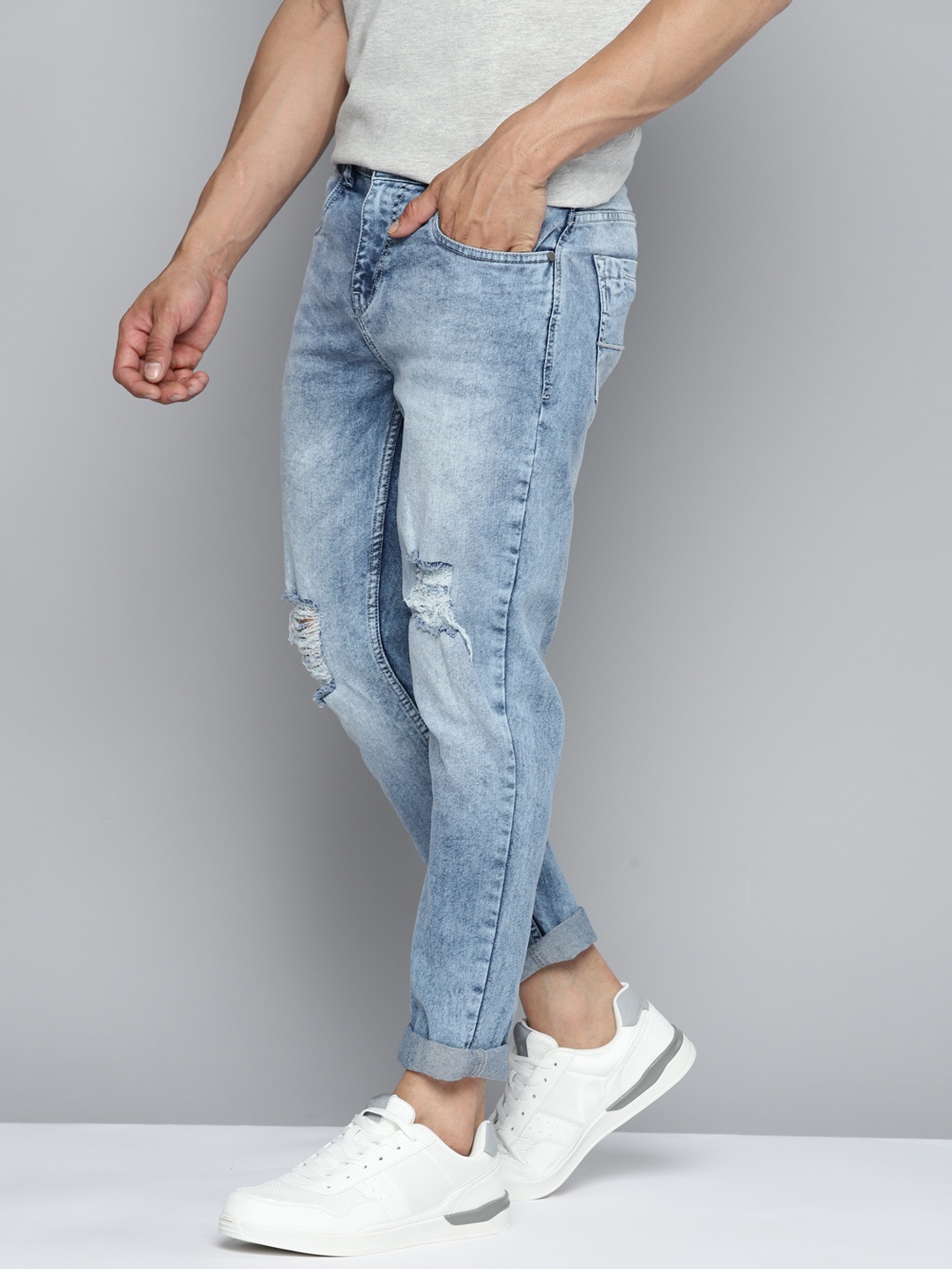 

Mast & Harbour Tapered Fit Highly Distressed Light Fade Jeans, Blue