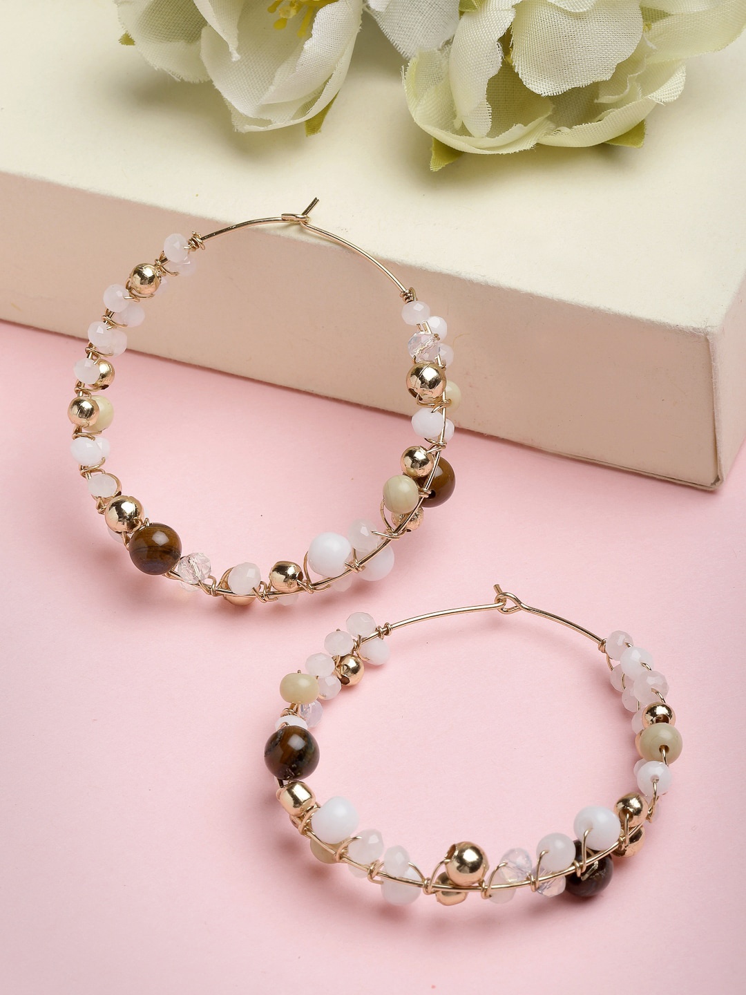 

VOGUE PANASH Gold Plated Circular Stone Beaded Hoop Earrings, Maroon