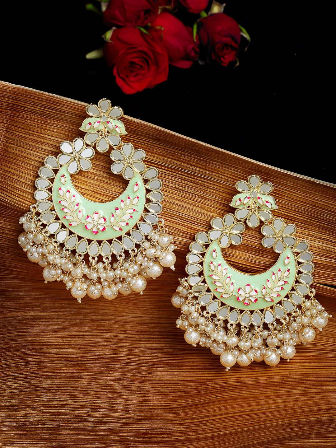 

PANASH Gold-Plated Crescent Shaped Mirror Work Meenakari Chandbalis Earrings, Green