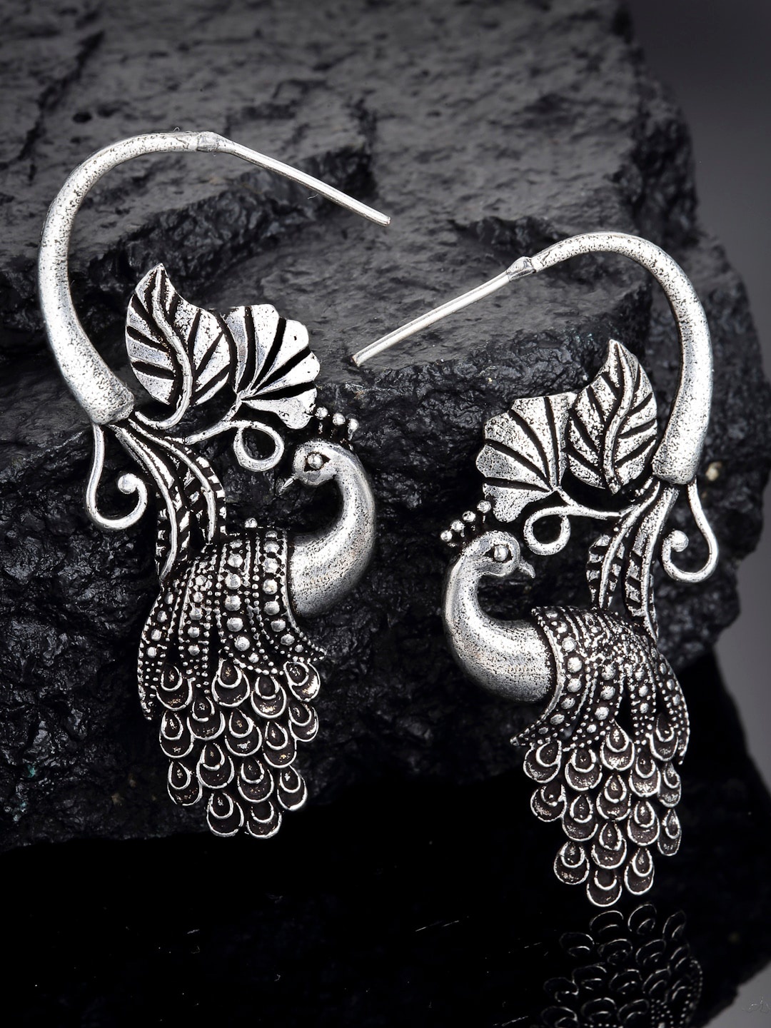 

PANASH Peacock Shaped Oxidized Drop Earrings, Silver