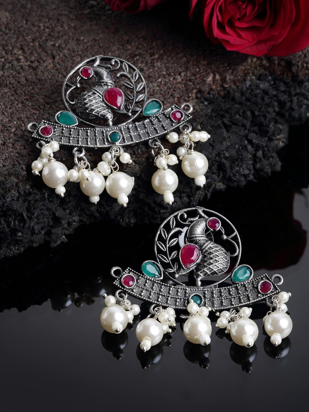 

PANASH Oxidised Peacock Shaped Drop Earrings, Pink