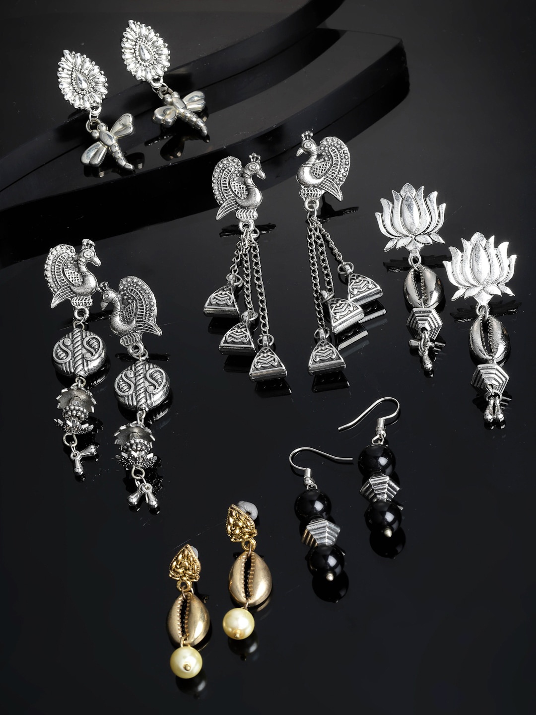 

PANASH Set of 6 Silver Plated Peacock Shaped Drop Earrings