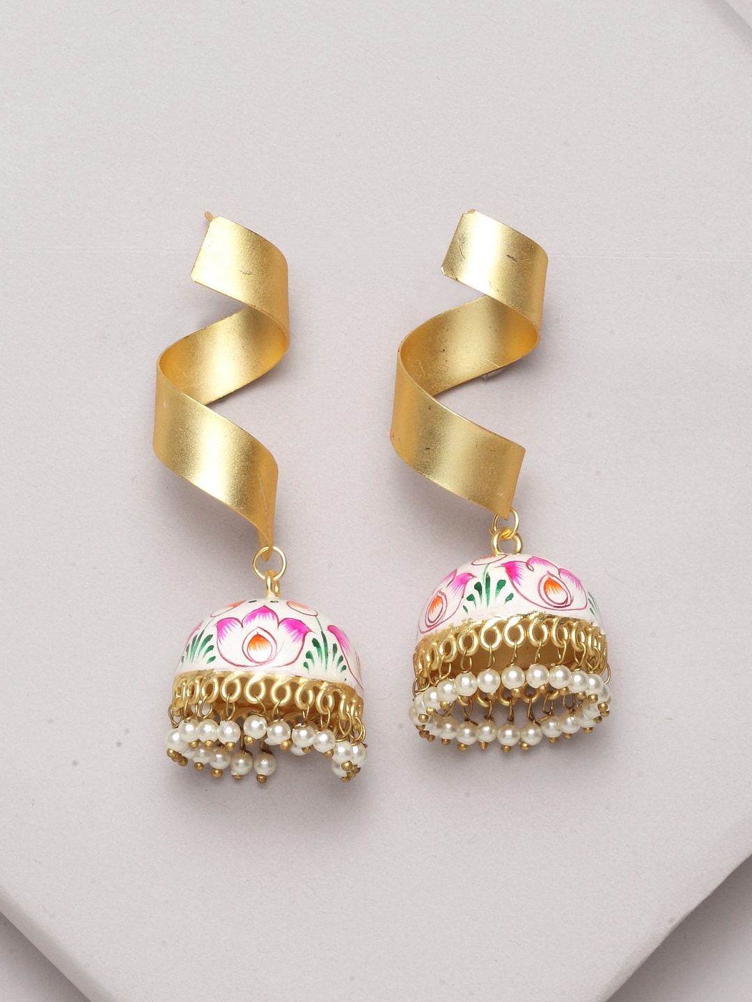 

PANASH Gold-Plated Dome Shaped Handpainted Jhumkas Earrings, White