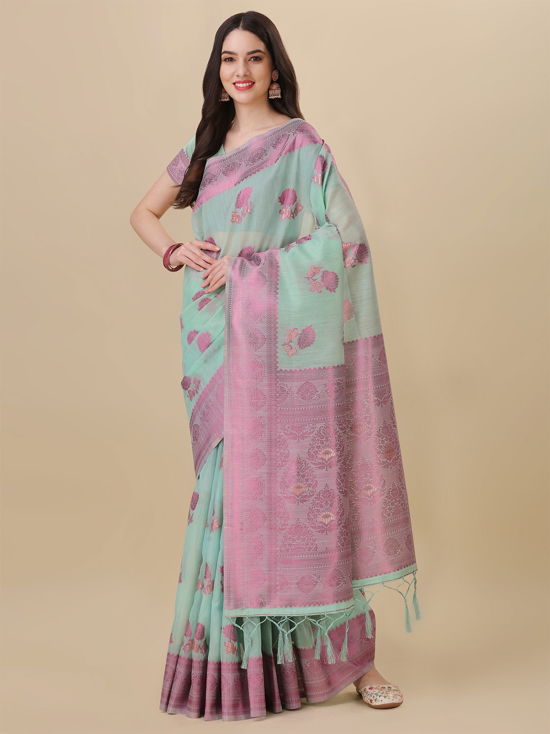 

Mitera Woven Design Silk Cotton Banarasi Saree, Sea green