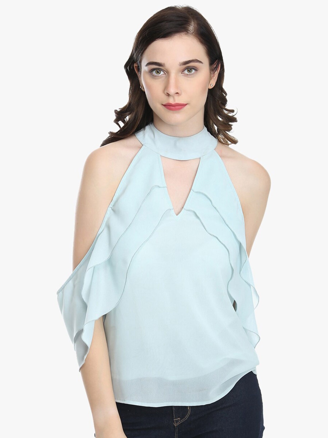 

DODO & MOA Choker Neck Cold-Shoulder Sleeves Top, Blue