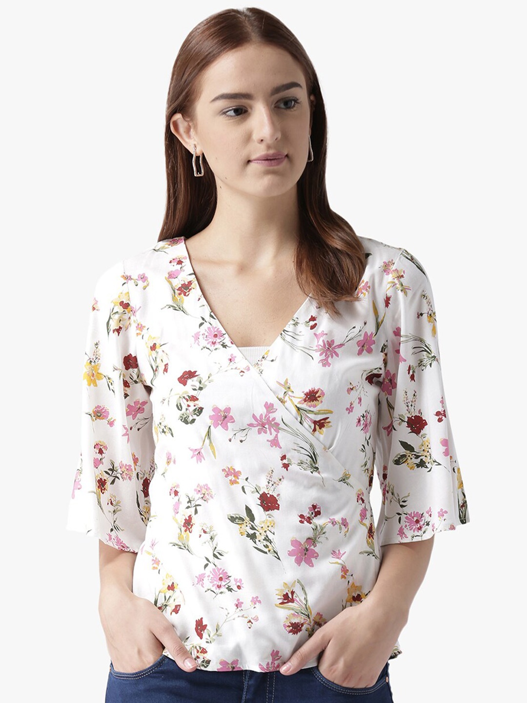 

DODO & MOA Floral Printed Wrap Top, White