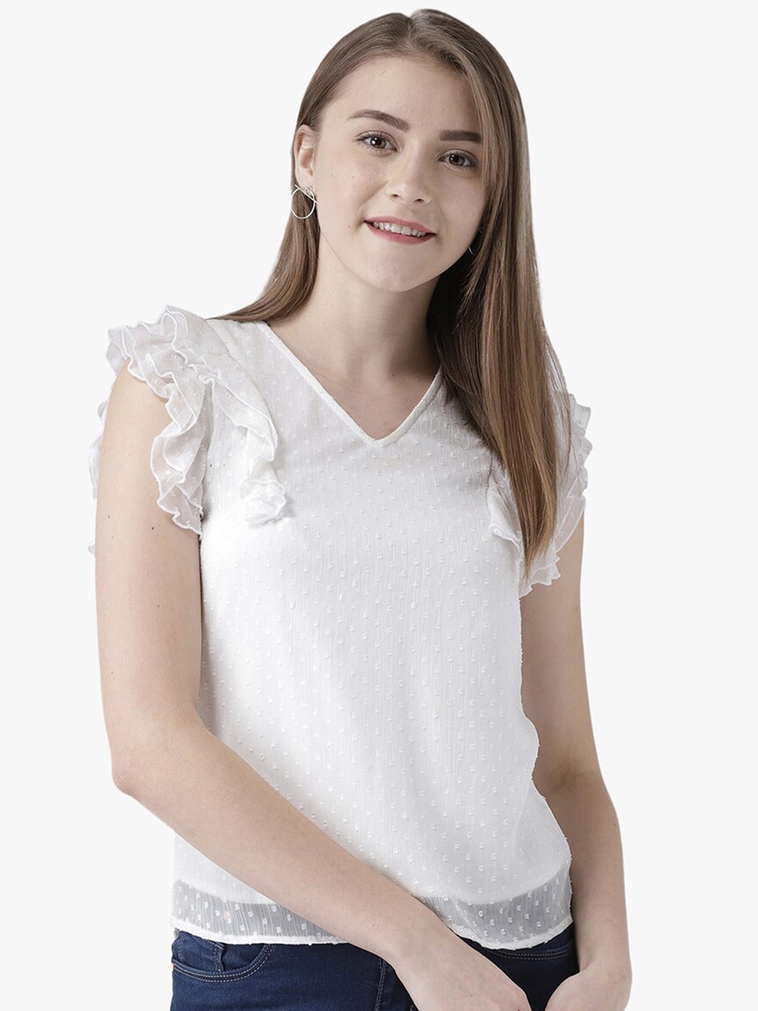 

DODO & MOA V-Neck Self Design Dobby Ruffles Details Top, White