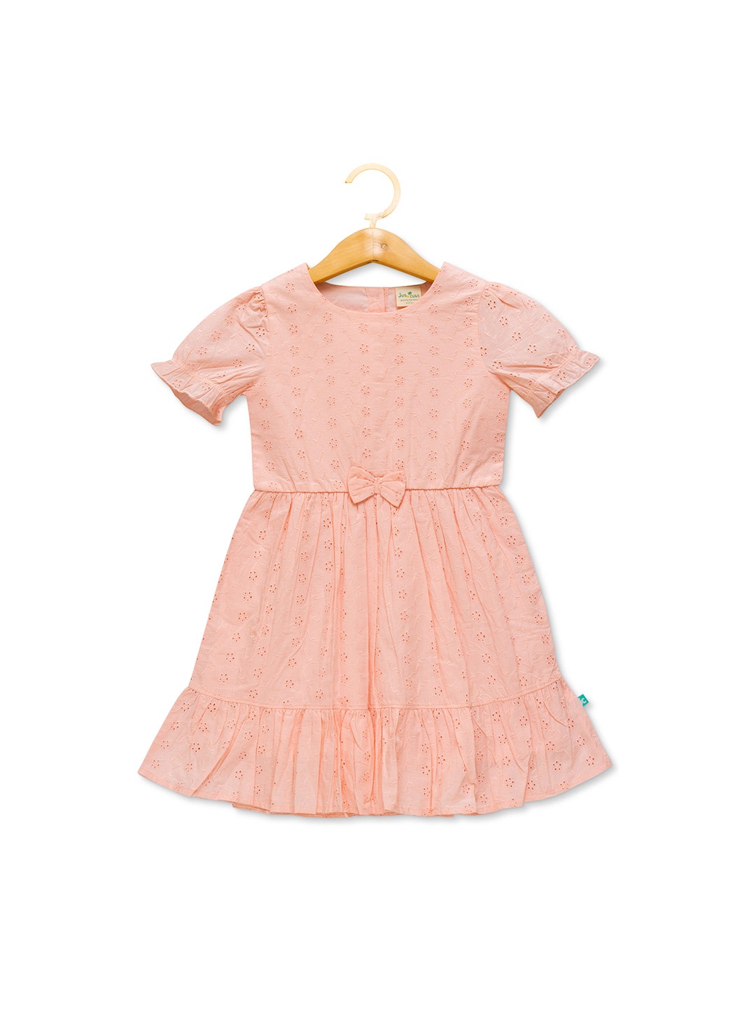 

JusCubs Girls Puff Sleeve Bow Detail Schiffli Dress, Peach