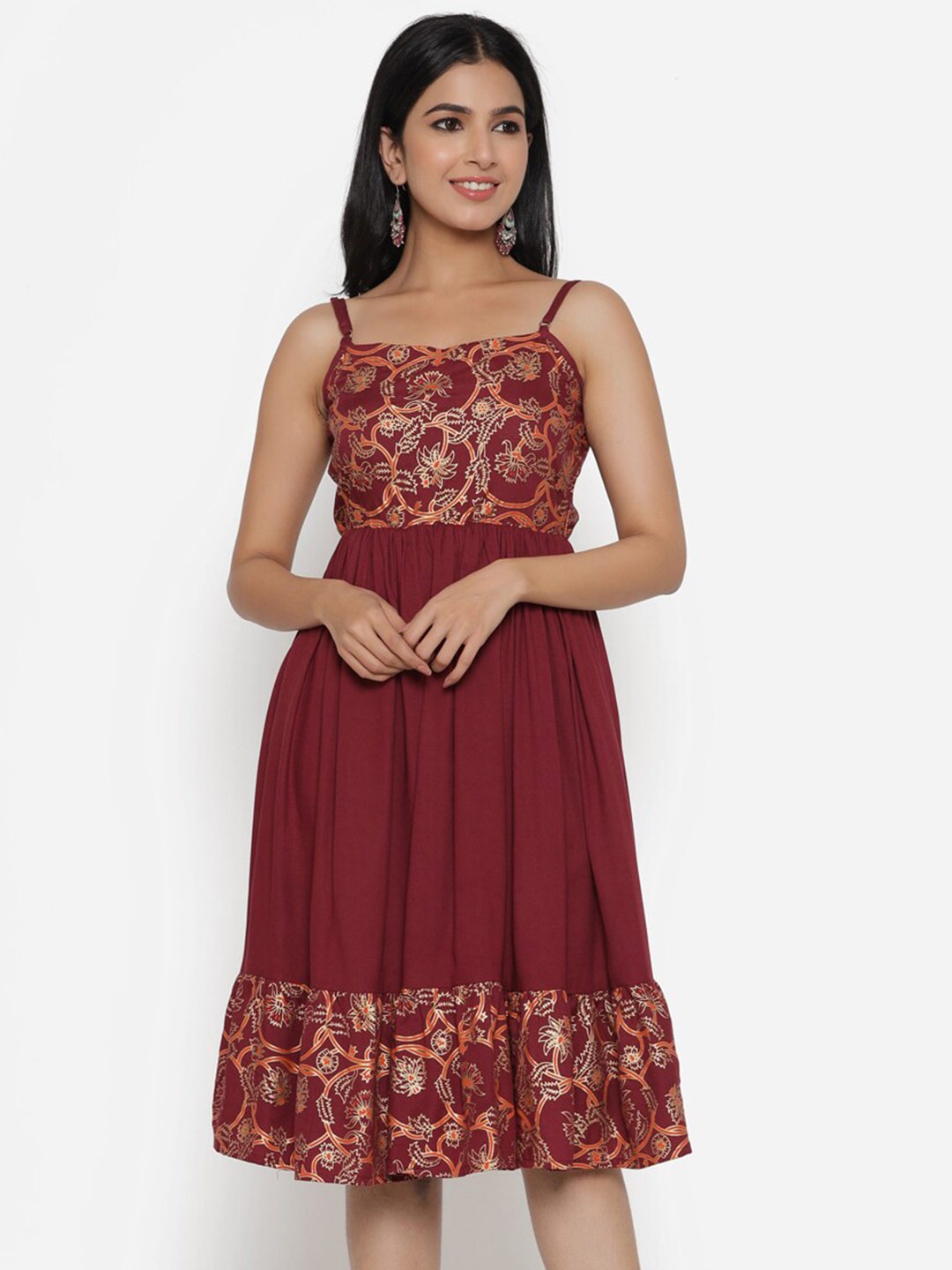 

DAEVISH Ethnic Motif Printed Fit & Flare Ethnic Dress, Maroon