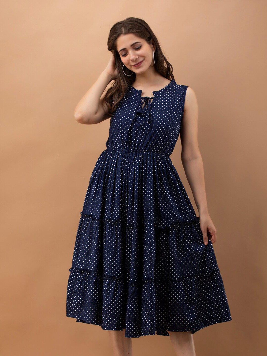 

DAEVISH Polka Dots Printed Tie-Up Neck Tiered Fit & Flare Dress, Navy blue