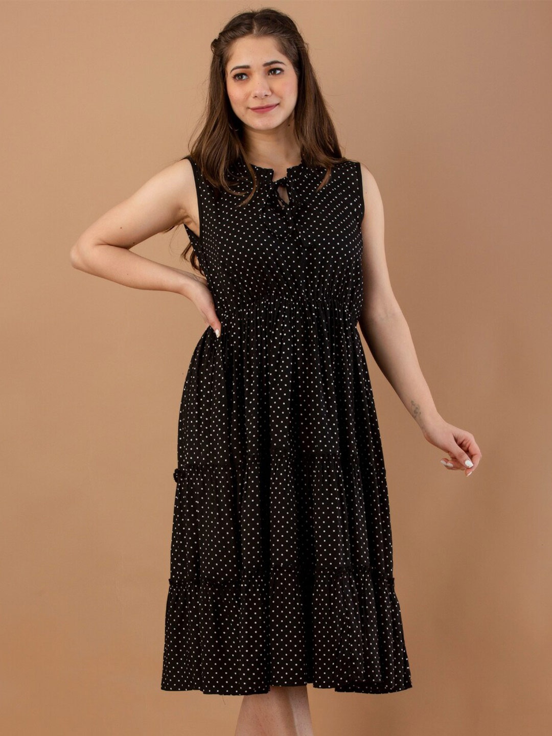 

DAEVISH Polka Dots Printed Tie-Up Neck Fit & Flare Dress, Black