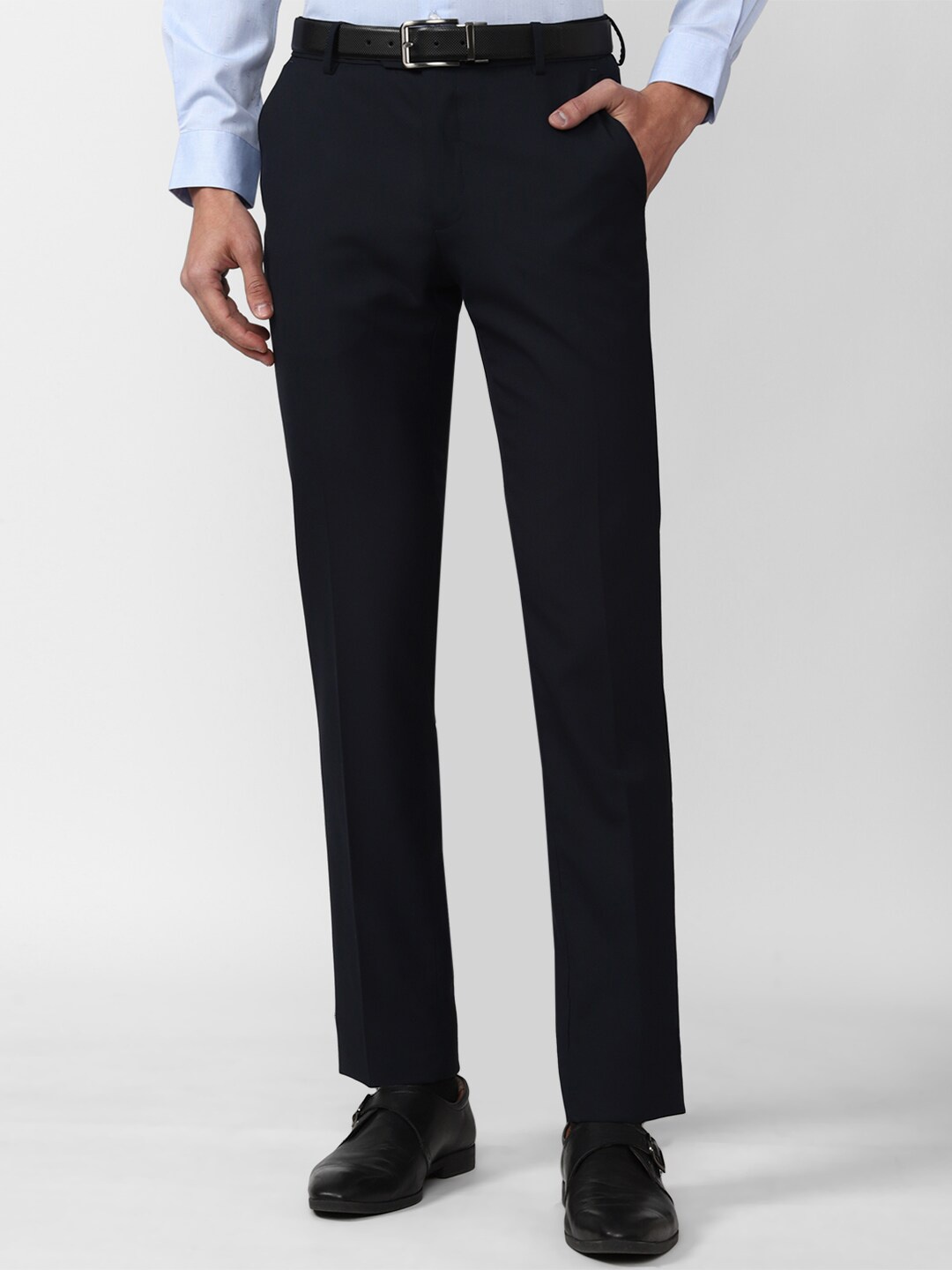 

Peter England Men Slim Fit Mid-Rise Formal Trousers, Navy blue