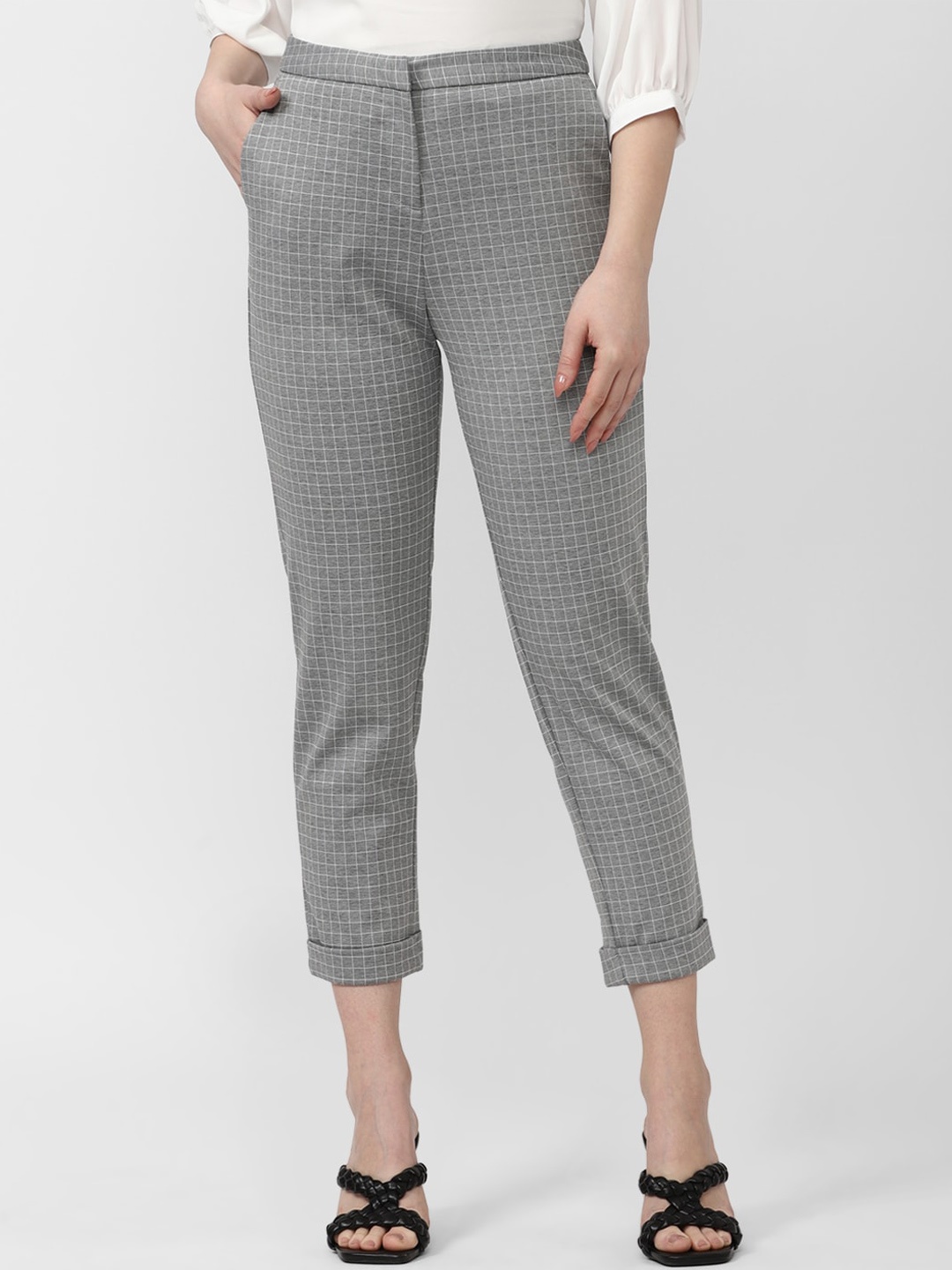 

Van Heusen Woman Checked Cotton Mid-Rise Slim Fit Cropped Trousers, Grey