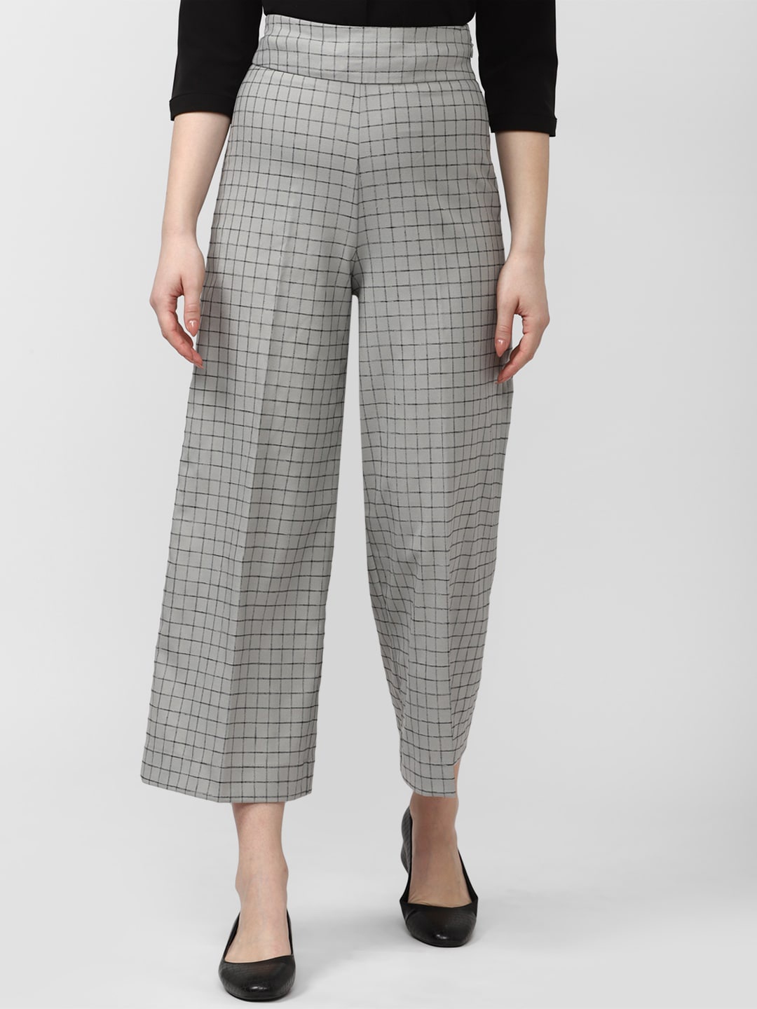 

Van Heusen Woman Checked Flared Cropped Trousers, Grey