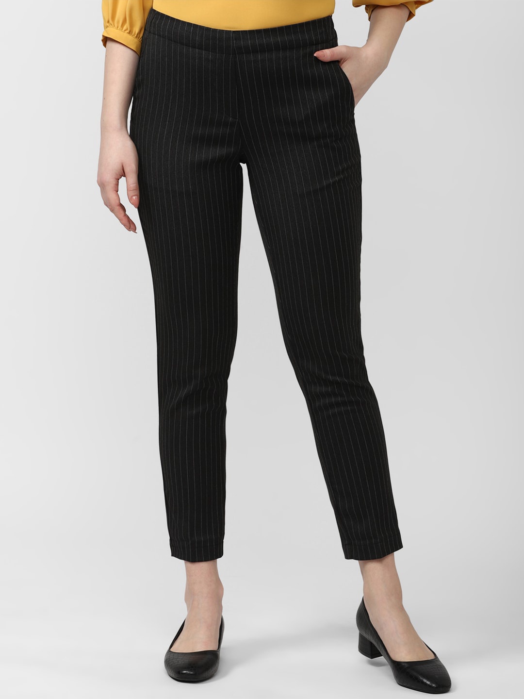 

Van Heusen Woman Mid-Rise Striped Plain Trousers, Black