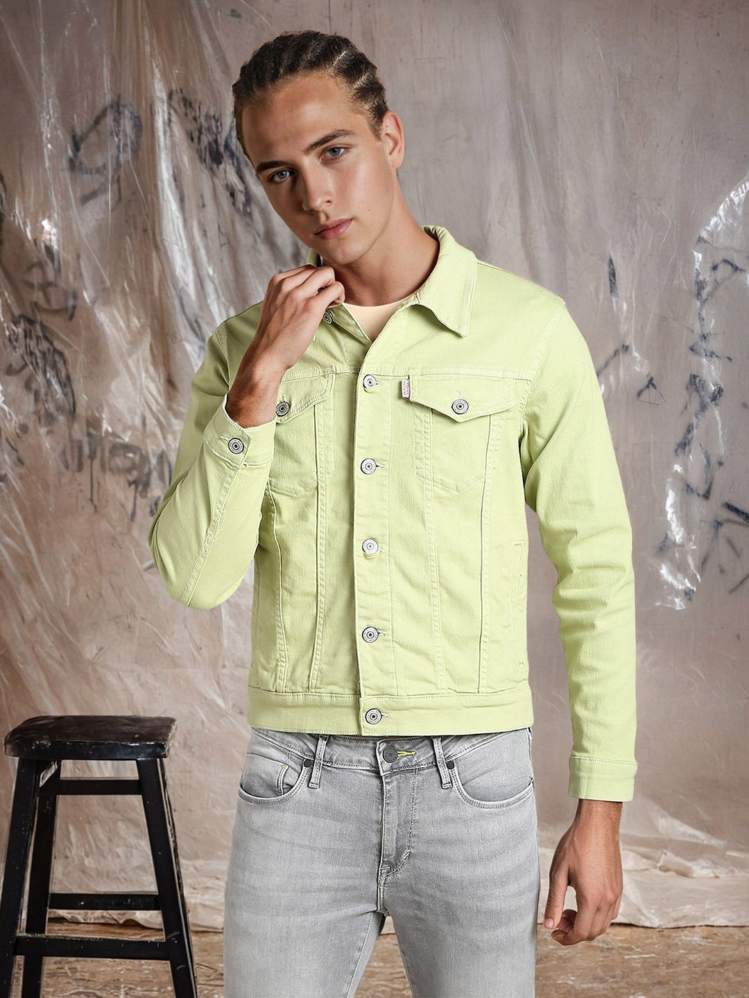 

Flying Machine Panelled Solid Denim Jacket, Lime green
