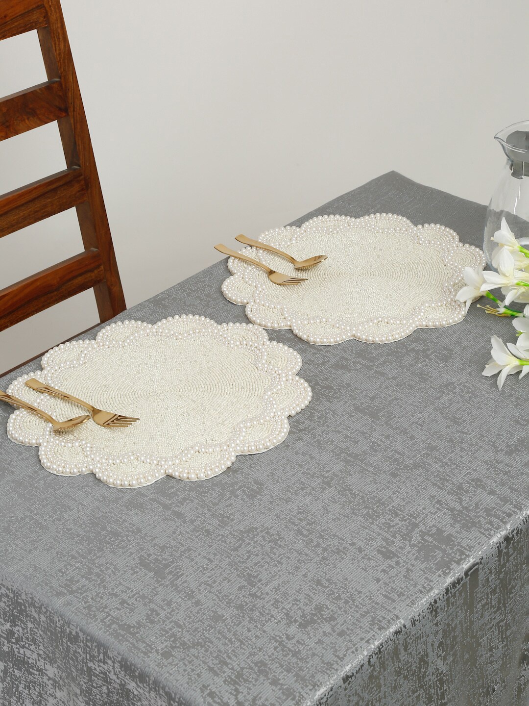 

HOSTA HOMES 2 Pcs Embellished Beeds Table Placemats, White
