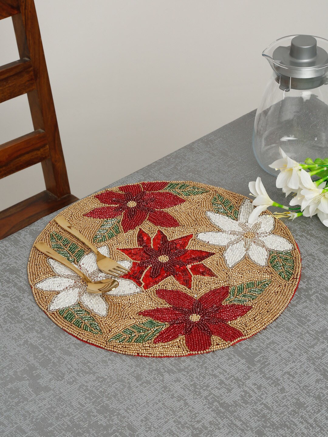 

HOSTA HOMES Red & Gold Toned Embellished Beads Hand Work Table Placemat