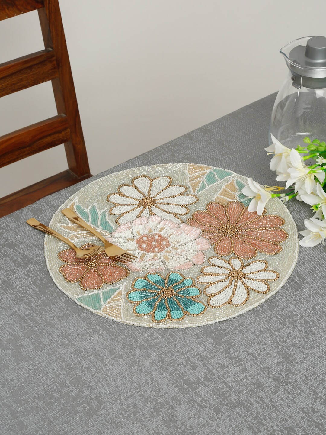 

HOSTA HOMES Grey & White Beads Hand Worked Table Placemat