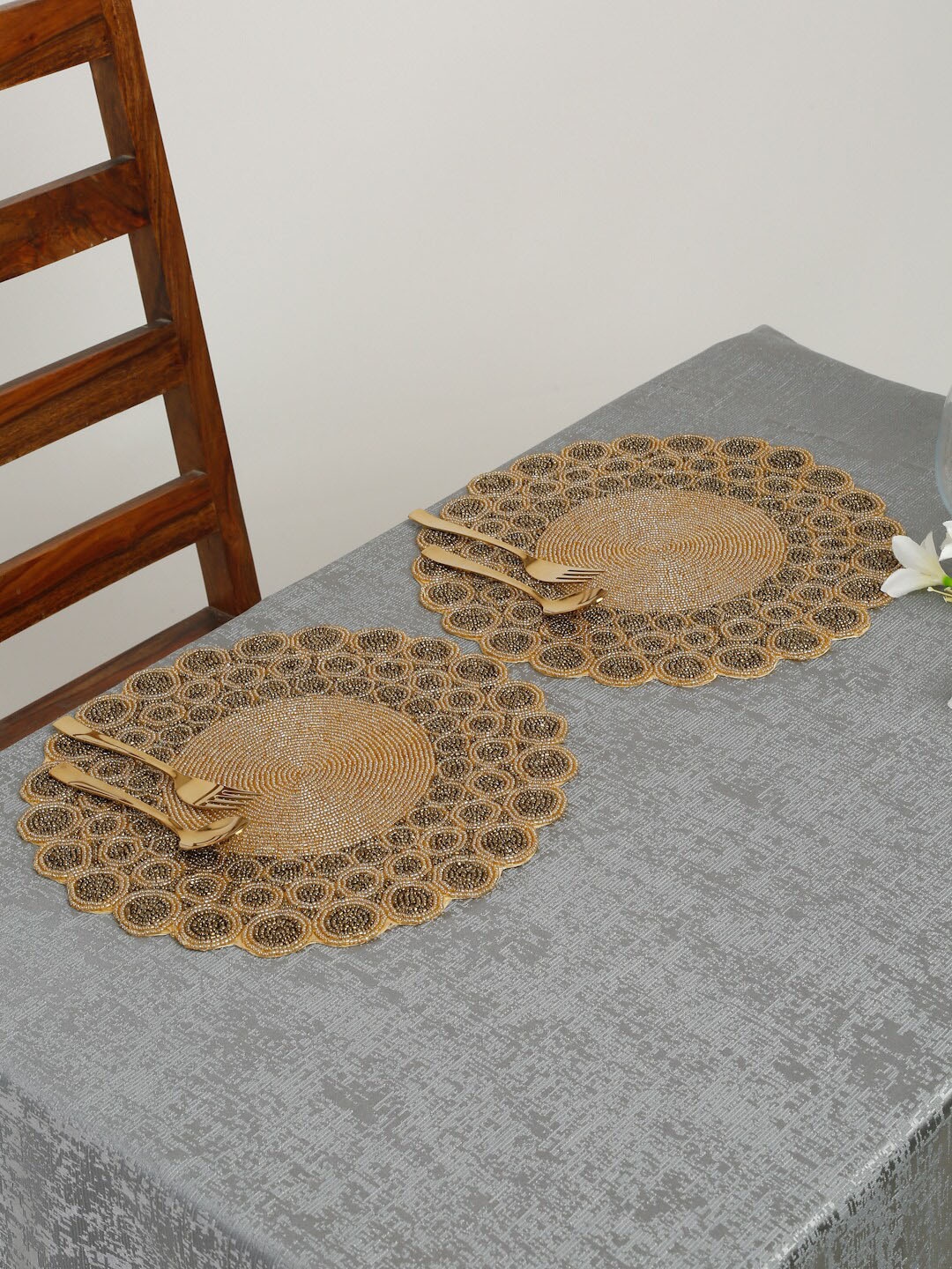 

HOSTA HOMES Brown & Black 2 Pieces Beaded Embellished Cotton Round Shape Table Placemats