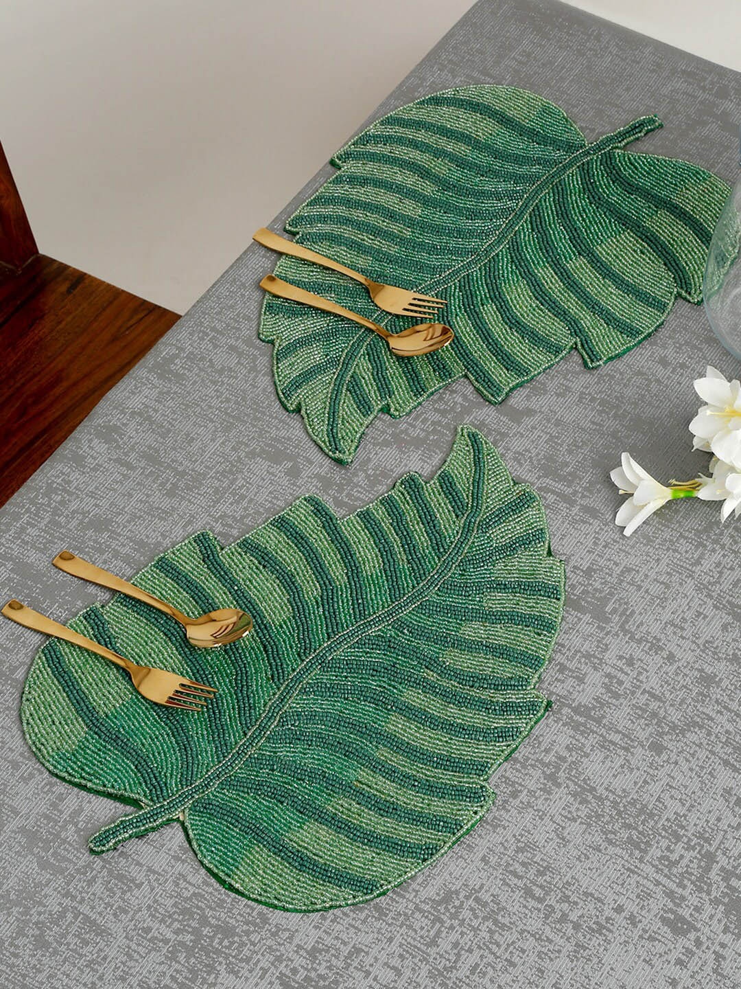 

HOSTA HOMES Green 2 Pieces Embellished Beads Hand Work Table Placemats