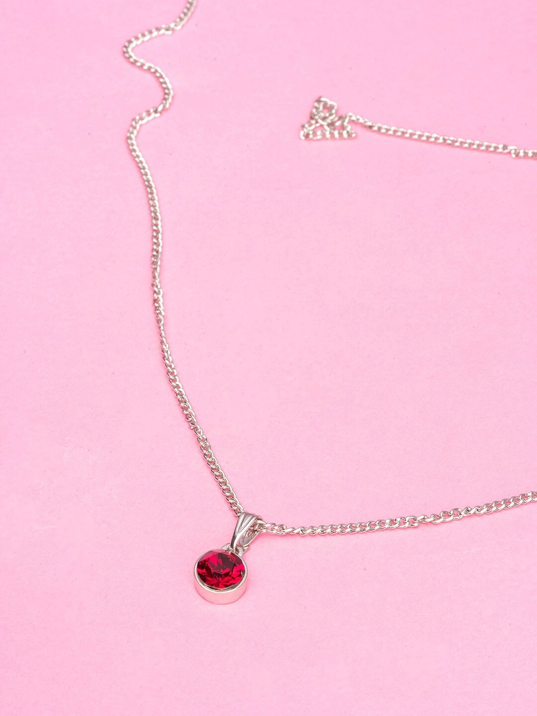 

Estele Rhodium-Plated Stone Studded Pendant With Chain, Red
