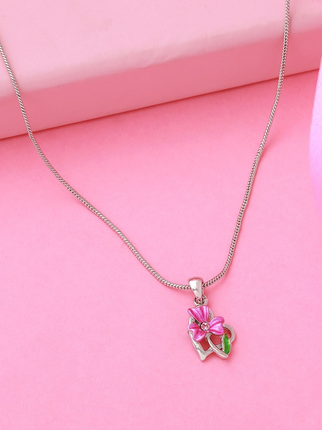 

Estele Rhodium-Plated Stone-Studded Pendant With Chain, Pink