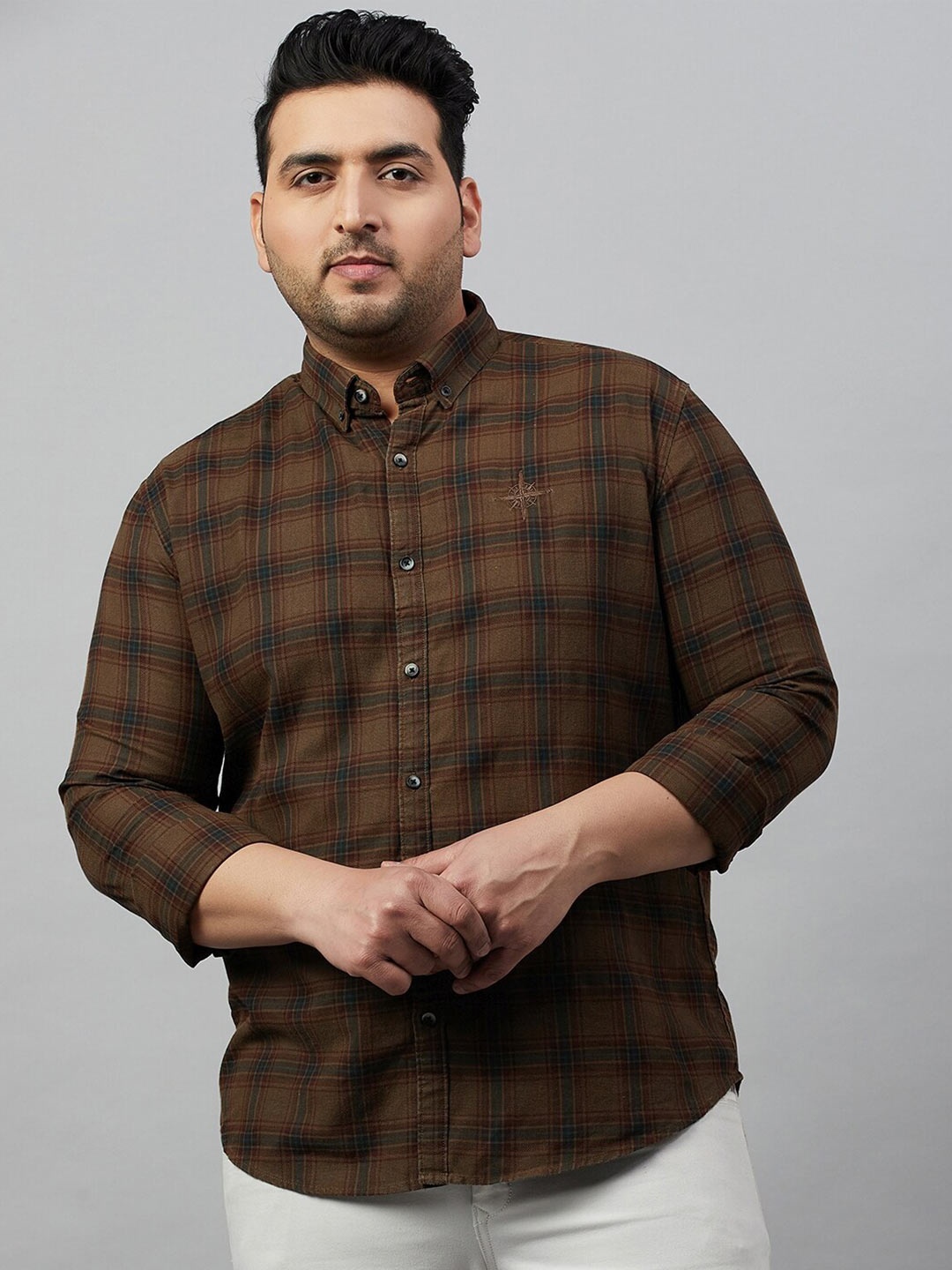 

SHOWOFF Plus Size Comfort Button-Down Collar Tartan Checked Cotton Casual Shirt, Brown