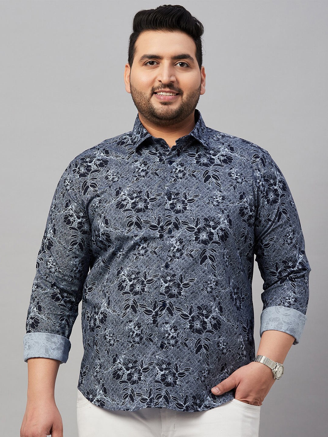 

SHOWOFF Plus Size Comfort Floral Printed Cotton Casual Shirt, Navy blue