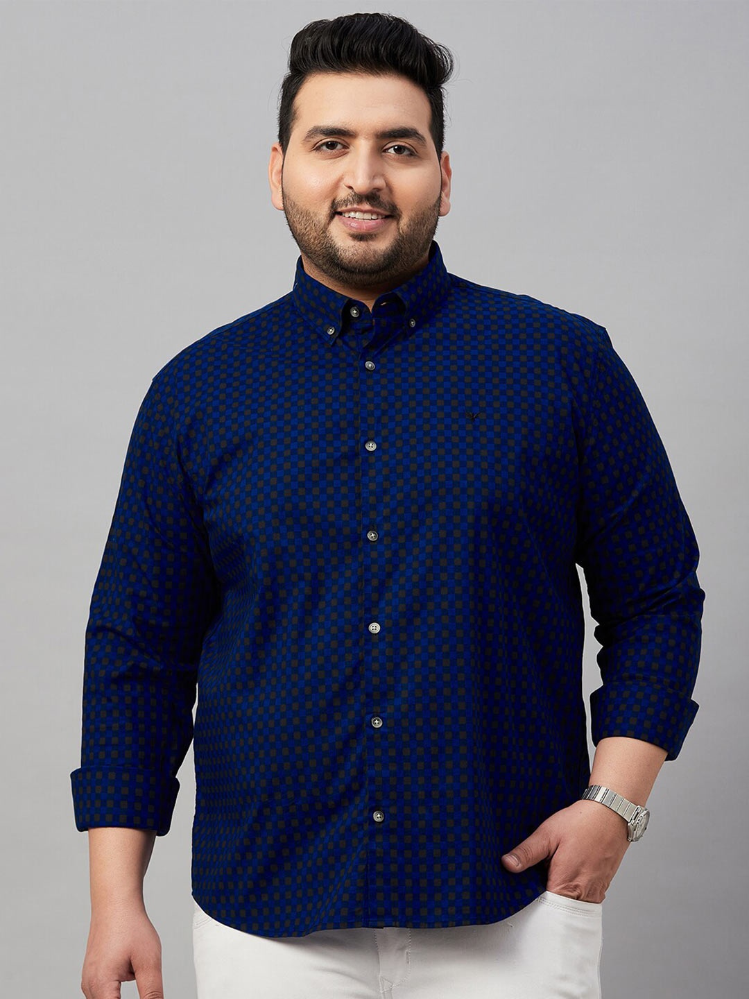 

SHOWOFF Plus Size Button-Down Collar Gingham Checked Cotton Casual Shirt, Blue