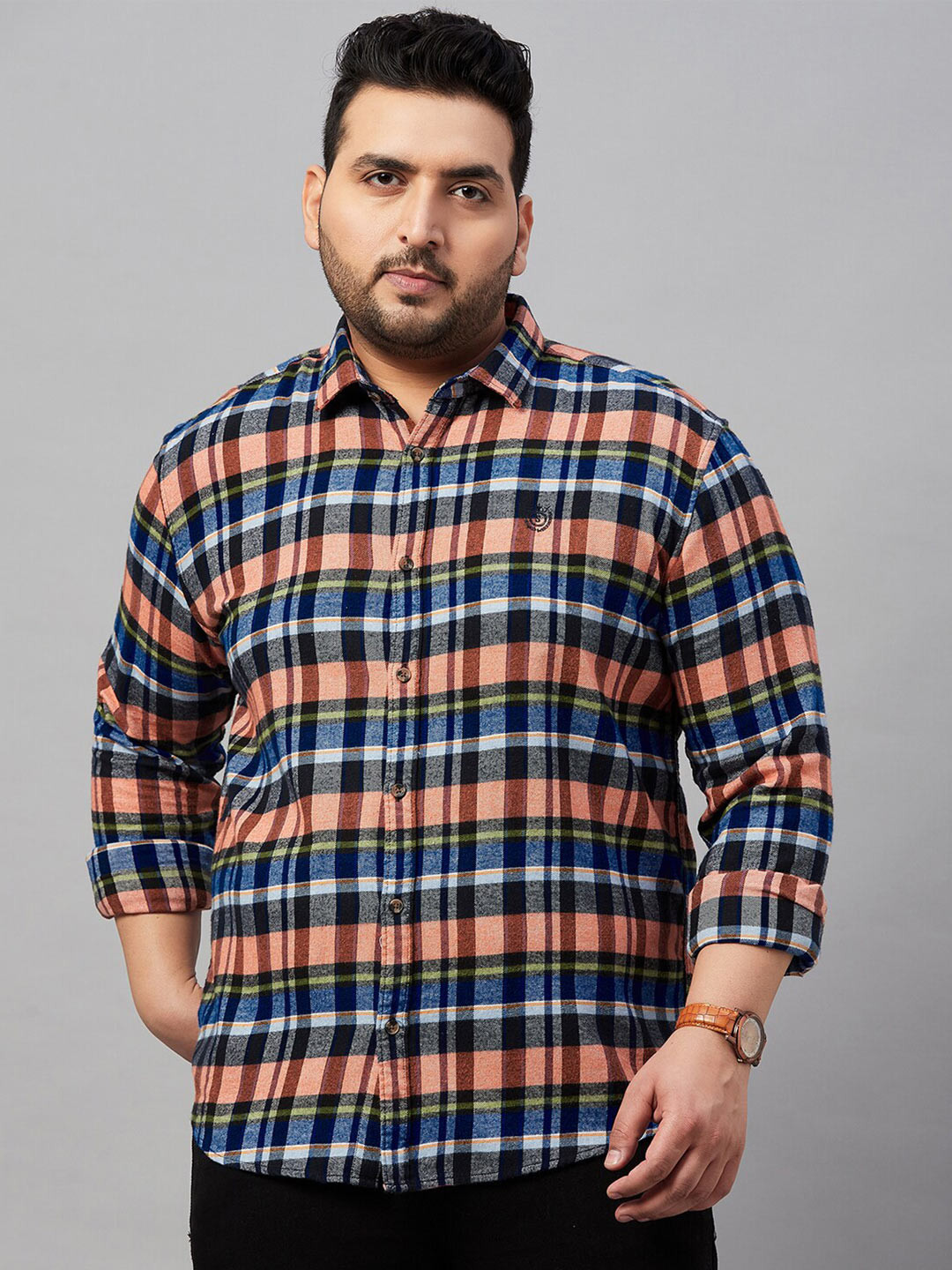 

SHOWOFF Plus Size Spread Collar Tartan Checked Cotton Casual Shirt, Navy blue