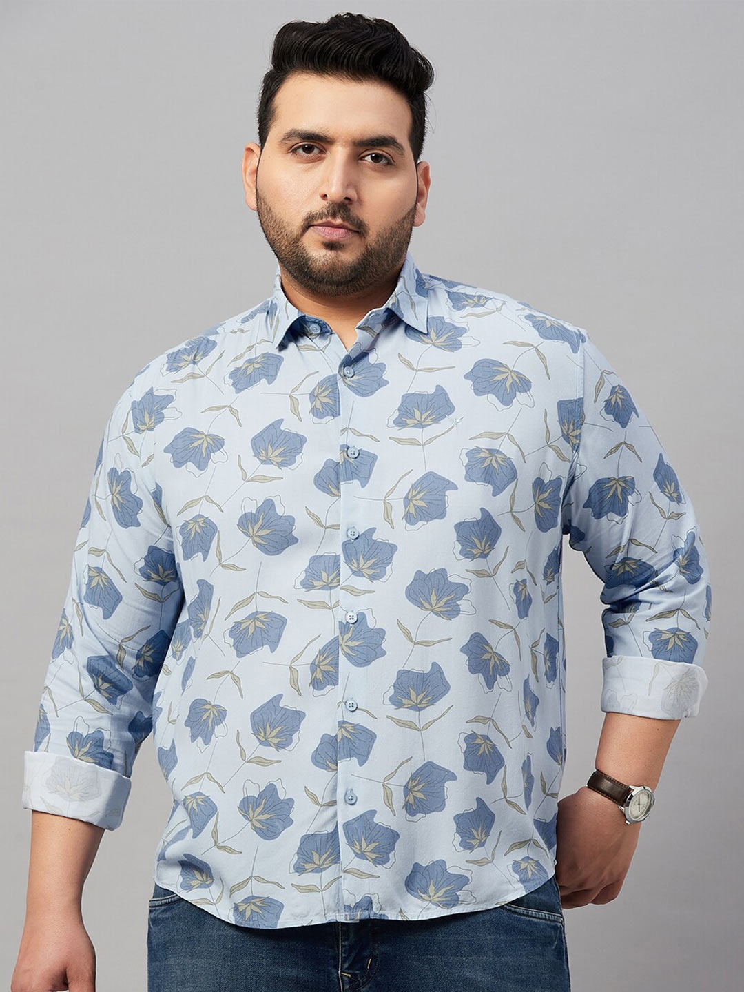 

SHOWOFF Plus Plus Size Floral Printed Oxford Cotton Casual Shirt, Blue