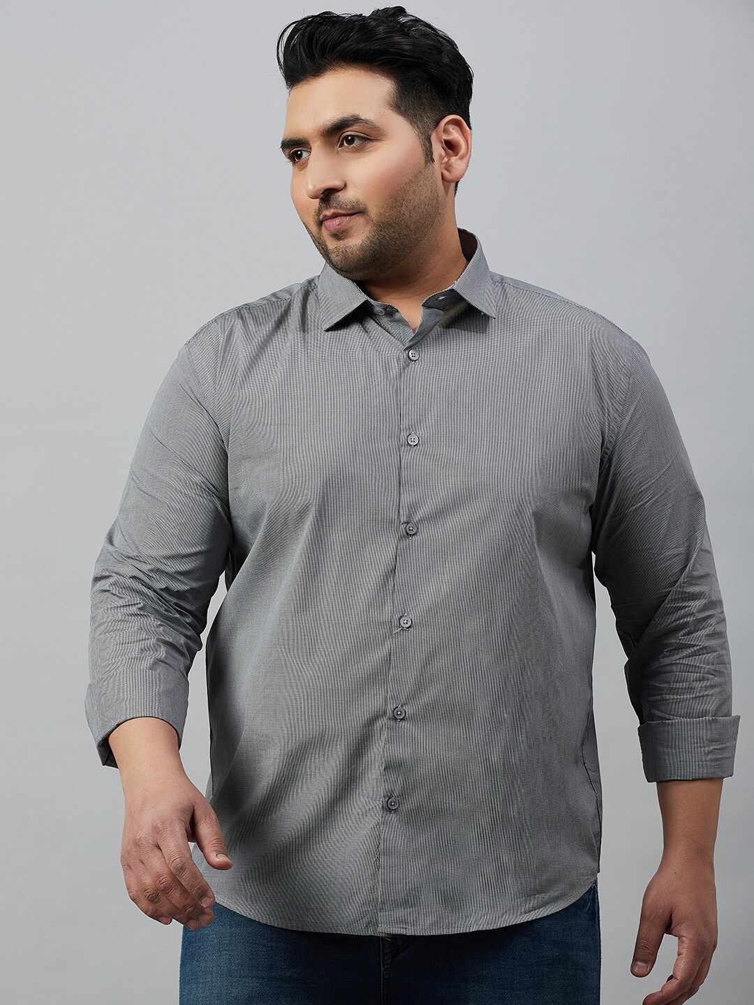 

SHOWOFF Plus Plus Size Spread Collar Checks Cotton Casual Shirt, Black