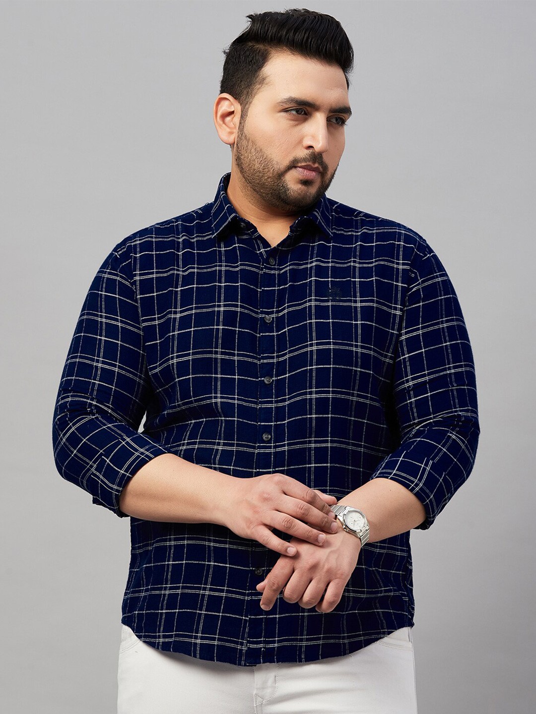 

SHOWOFF Plus Plus Size Grid Tattersall Checks Cotton Casual Shirt, Navy blue