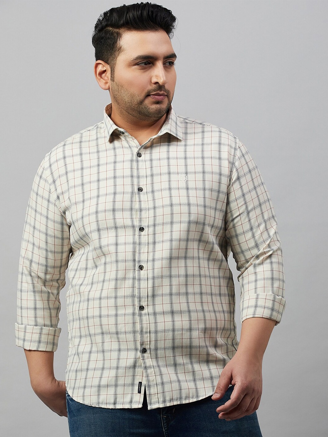 

SHOWOFF Plus Plus Size Tartan Checks Cotton Casual Shirt, Off white