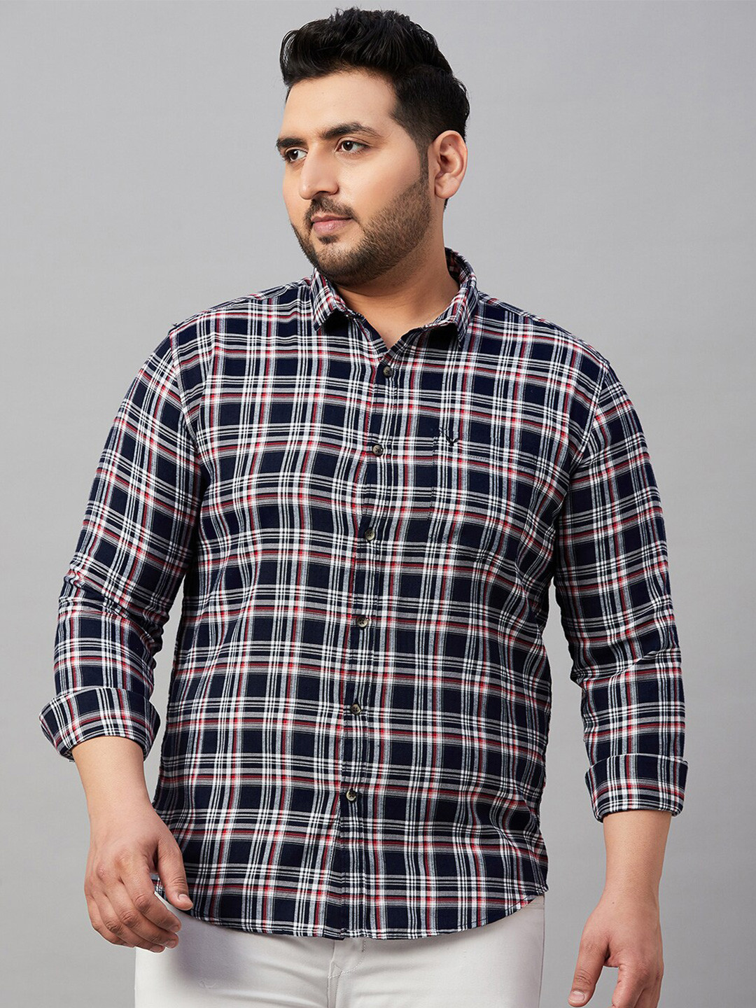 

SHOWOFF Plus Plus Size Tartan Checks Cotton Casual Shirt, Navy blue
