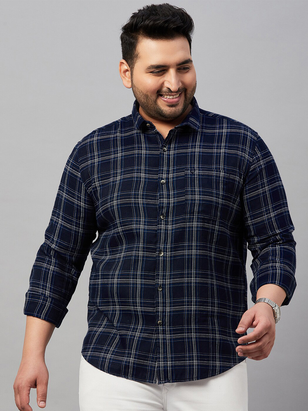 

SHOWOFF Plus Plus Size Tartan Checks Cotton Casual Shirt, Navy blue