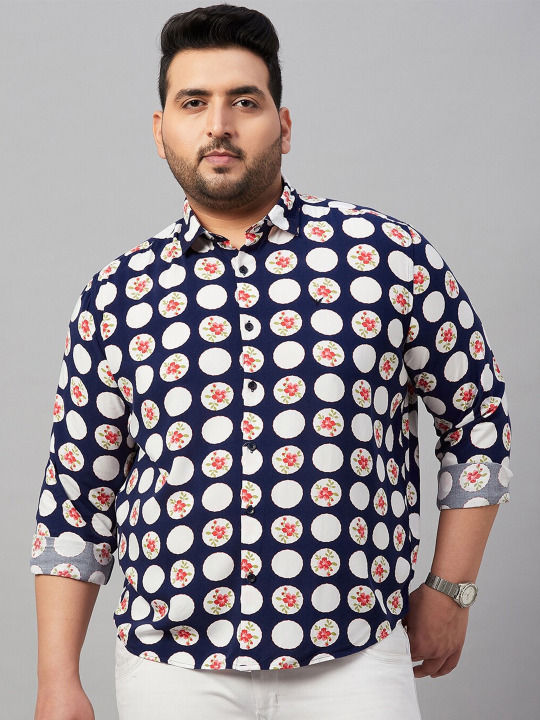 

SHOWOFF Plus Size Smart Spread Collar Floral Printed Cotton Casual Shirt, Navy blue