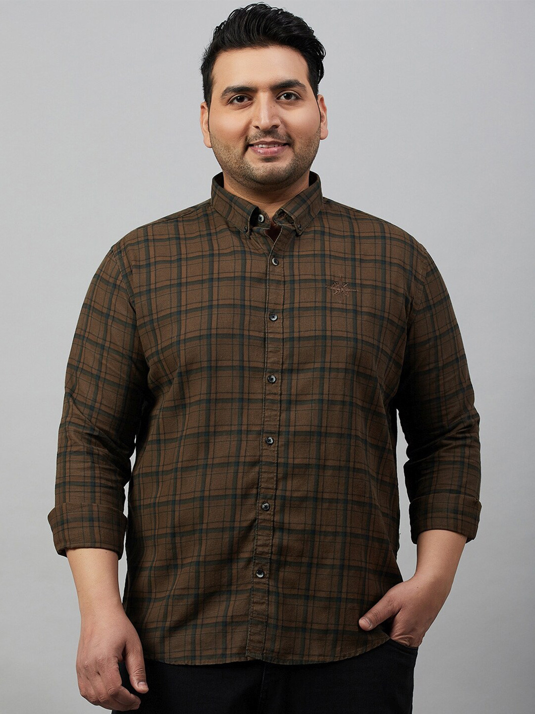 

SHOWOFF Plus Size Comfort Tartan Checked Cotton Casual Shirt, Olive