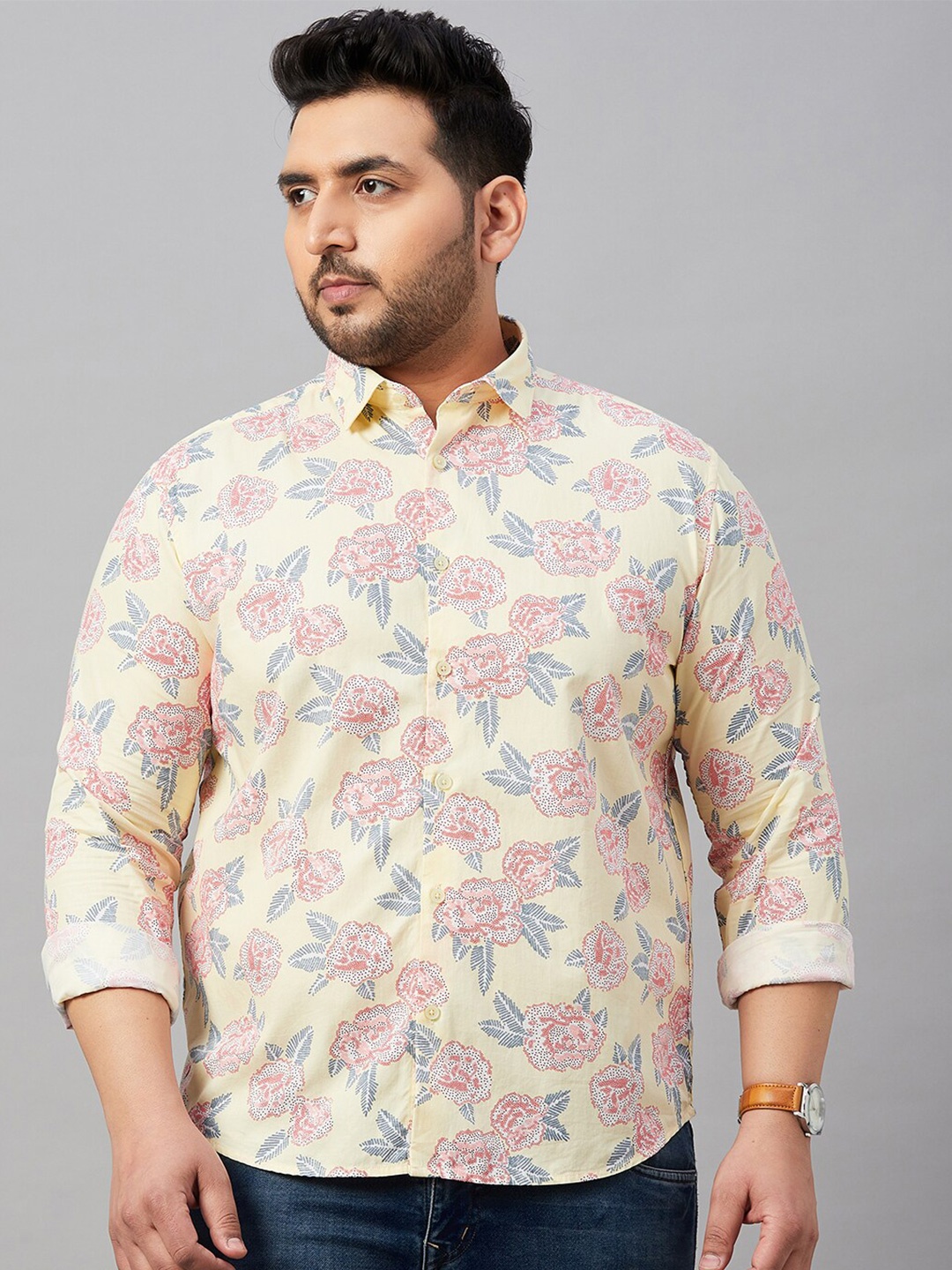 

SHOWOFF Plus Size Smart Floral Printed Regular Fit Cotton Casual Shirt, Yellow