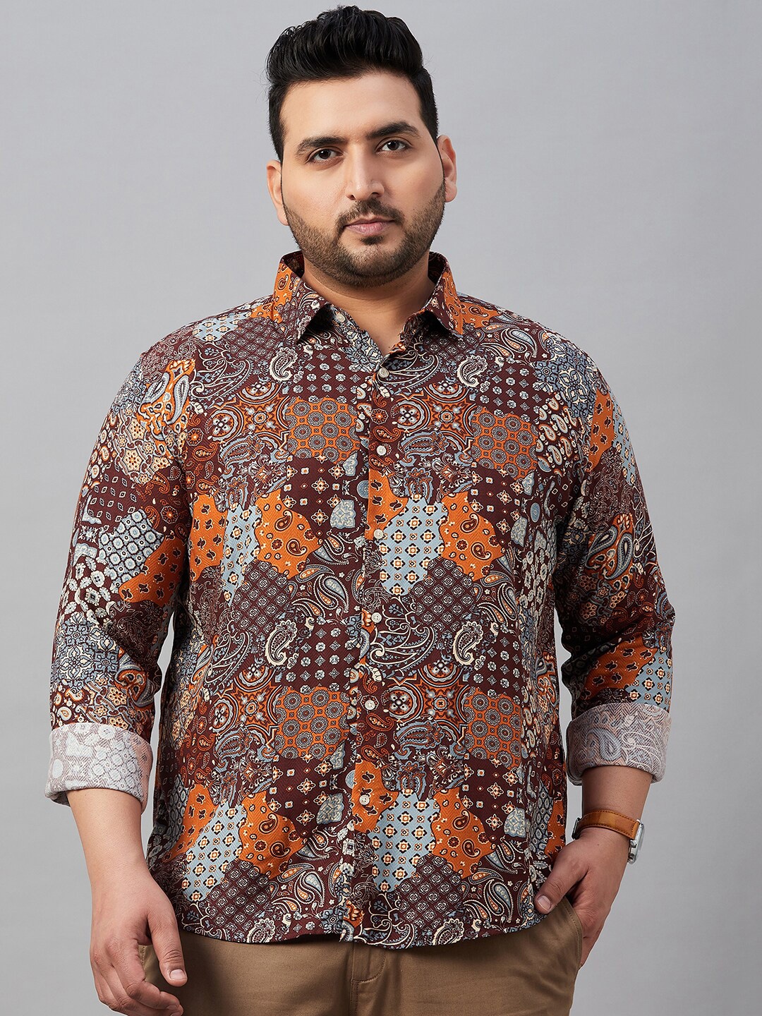 

SHOWOFF Plus Size Comfort Ethnic Motifs Printed Cotton Casual Shirt, Maroon