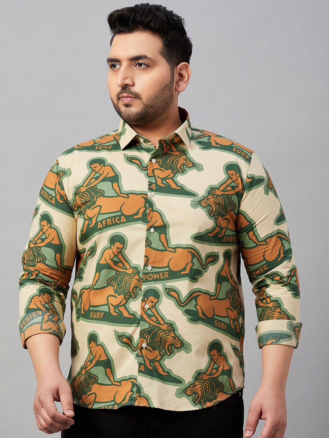 

SHOWOFF Plus Size Comfort Graphic Printed Cotton Casual Shirt, Beige