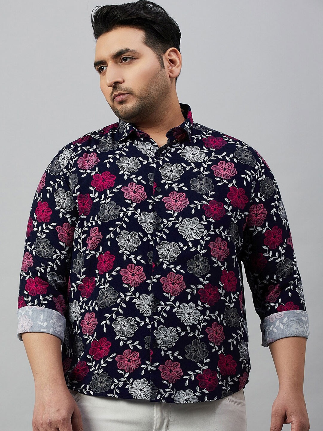 

SHOWOFF Plus Plus Size Smart Floral Printed Cotton Casual Shirt, Navy blue
