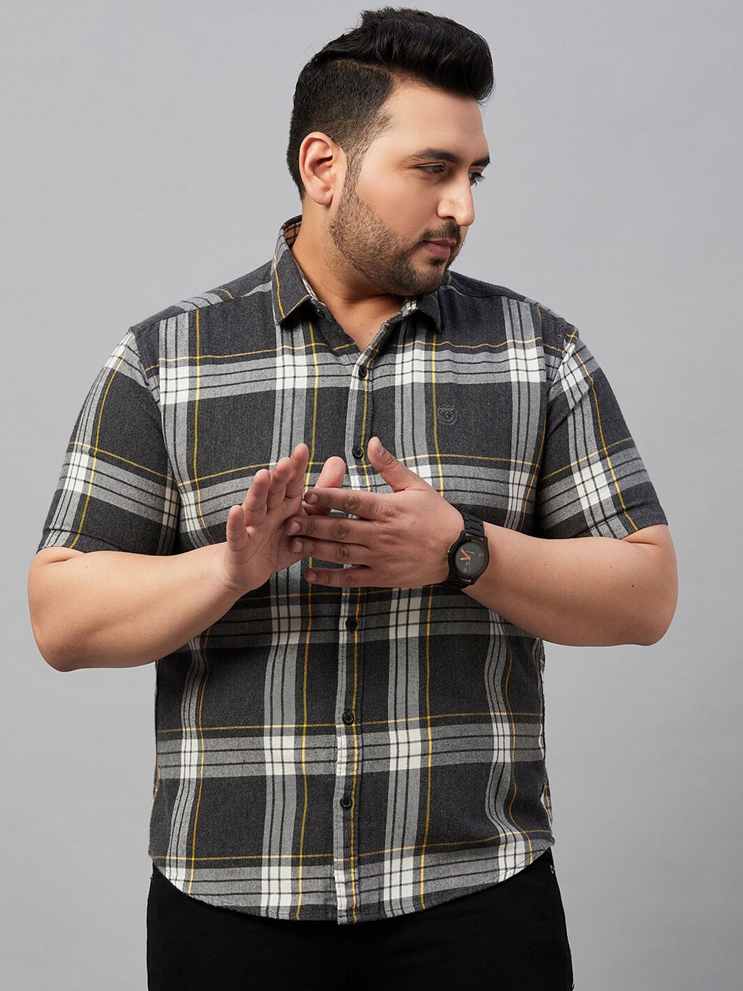 

SHOWOFF Plus Plus Size Tartan Checked Cotton Casual Shirt, Grey