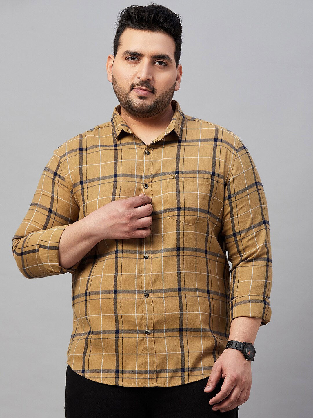 

SHOWOFF Plus Classic Tartan Checks Cotton Casual Shirt, Khaki
