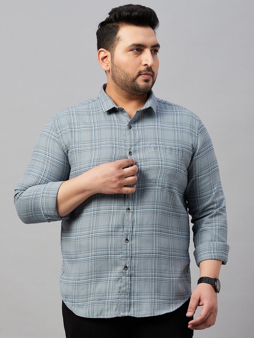 

SHOWOFF Plus Classic Tartan Checks Cotton Casual Shirt, Grey