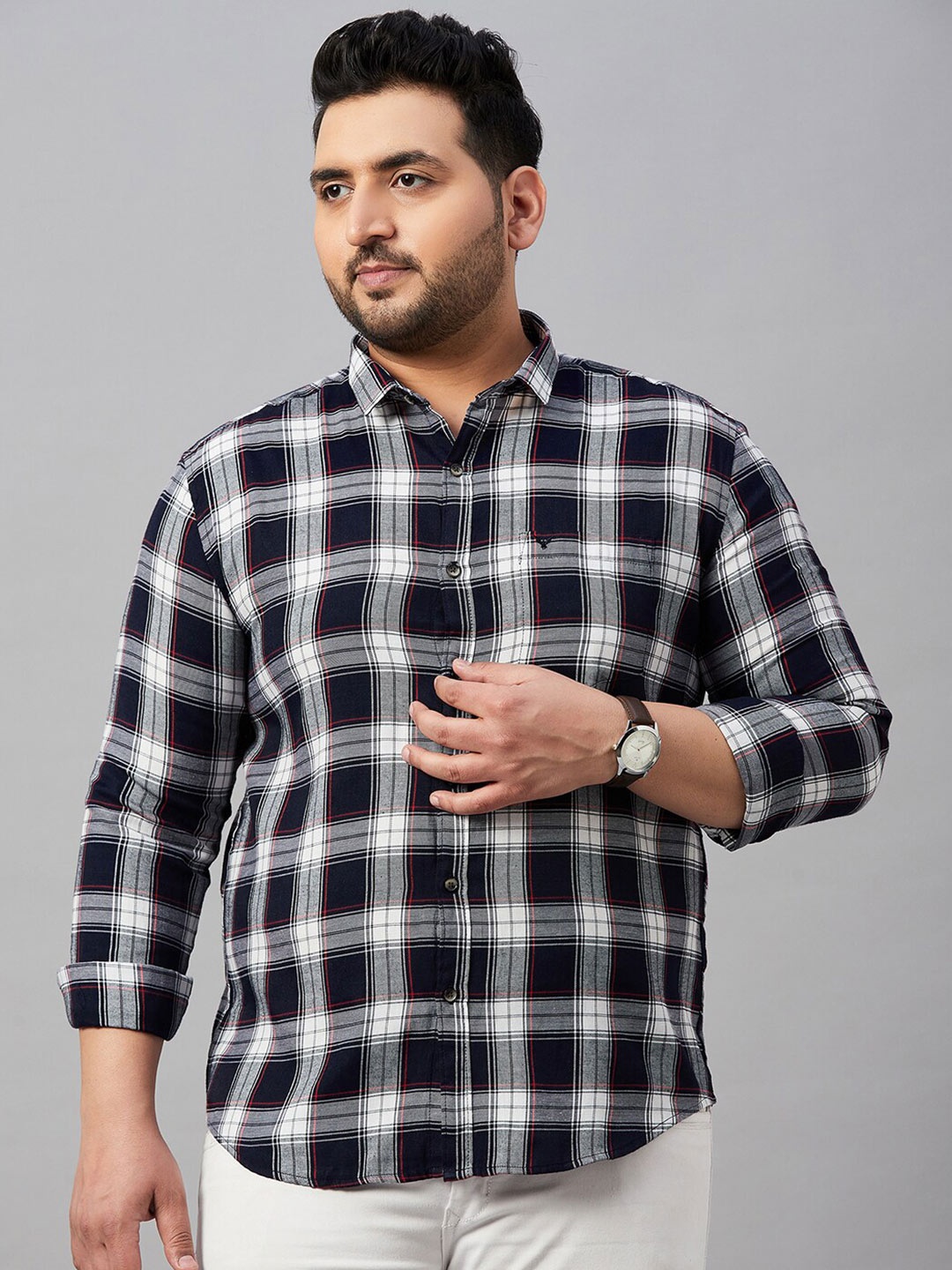 

SHOWOFF Plus Plus Size Classic Fit Tartan Checks Checked Casual Shirt, Navy blue