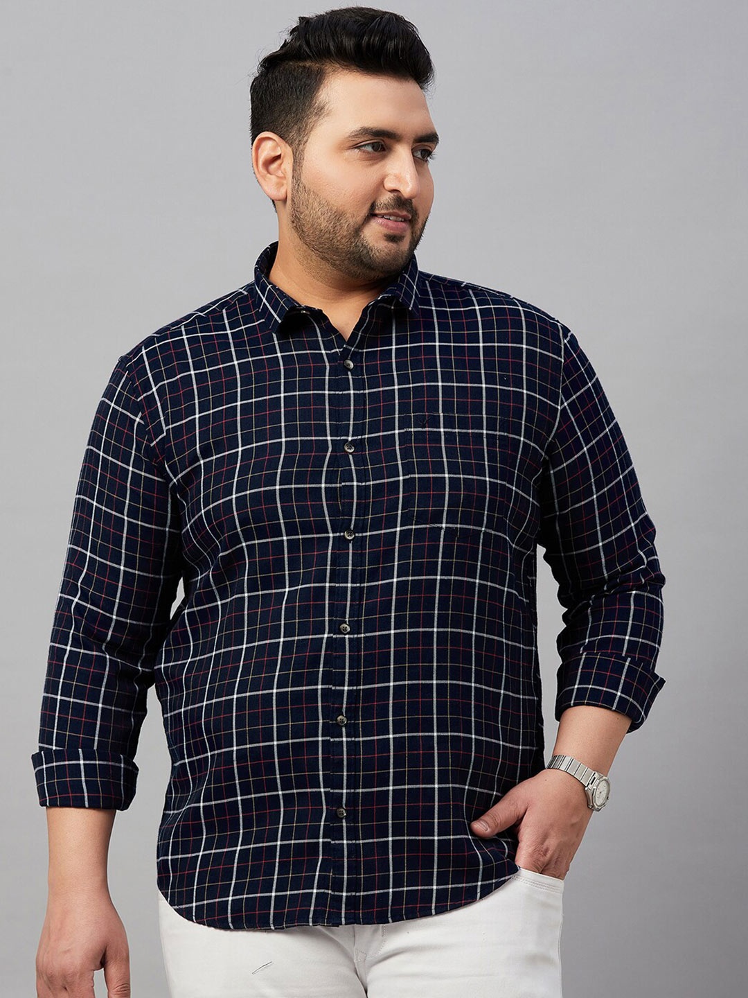 

SHOWOFF Plus Plus Size Grid Tattersall Checks Cotton Casual Shirt, Navy blue