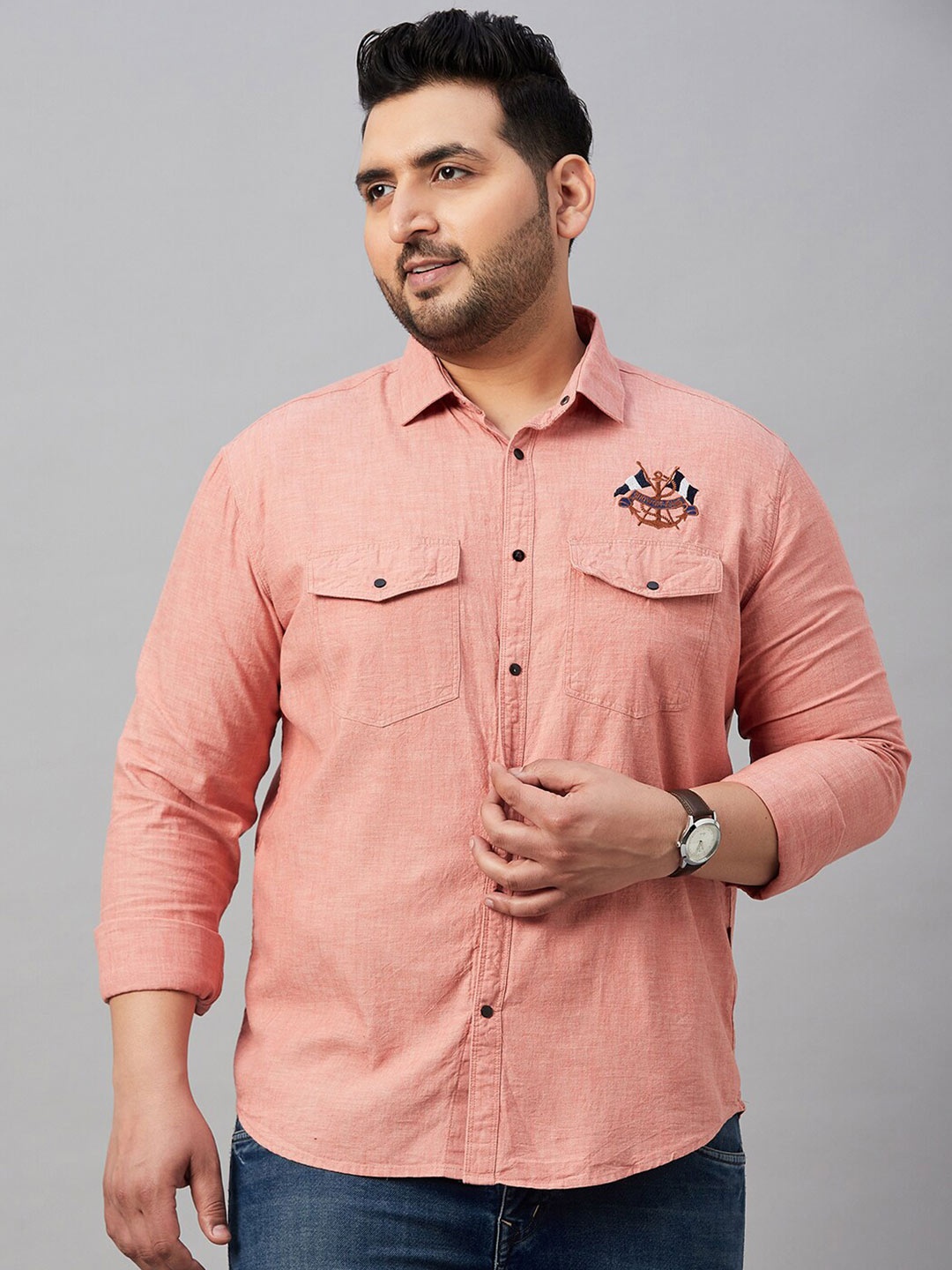 

SHOWOFF Plus Plus Size Spread Collar Twill Cotton Casual Shirt, Coral