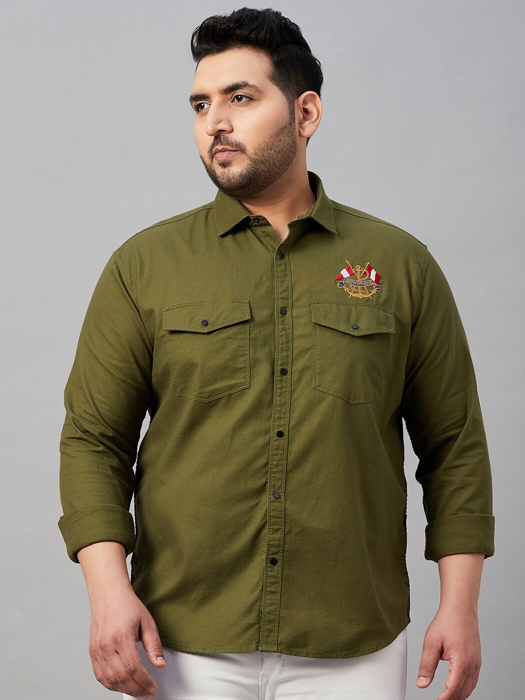 

SHOWOFF Plus Premium Spread Collar Cotton Casual Shirt, Olive